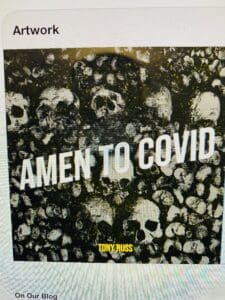 A poster with skulls and the words amen to covid