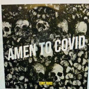 A poster with skulls and the words amen to covid