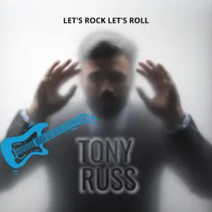 A man with a guitar and the words " let 's rock, let 's roll."