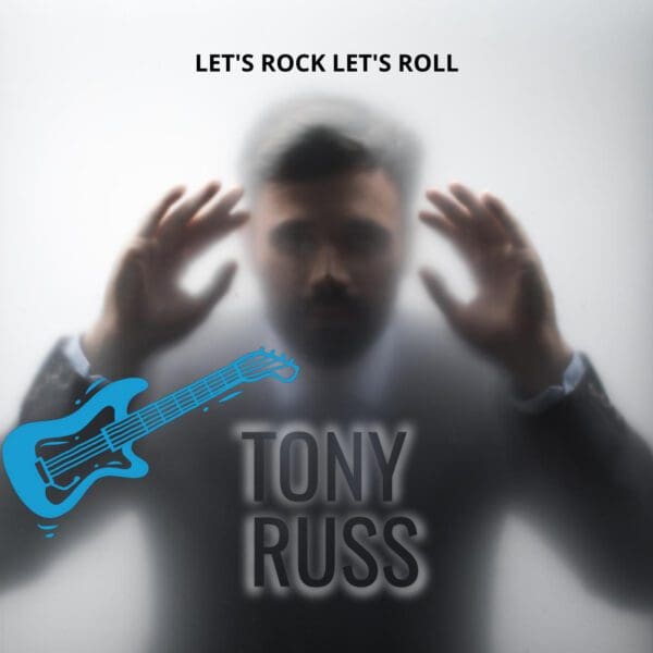 A man with a guitar and the words " let 's rock, let 's roll."