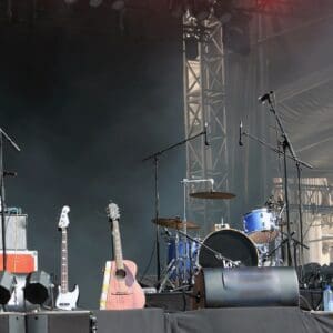 A stage with many different types of musical instruments.