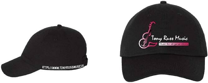 Two different views of a black hat with pink lettering.