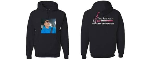 A black hoodie with an image of a man.