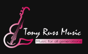 A pink and black logo for tony russ music.