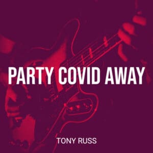 A red and white image of a guitar with the words party covid away