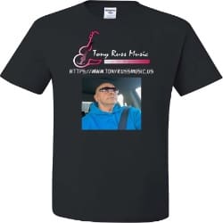 A black t-shirt with an image of a man with sunglasses.