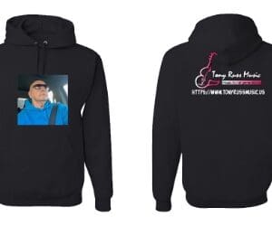 A black hoodie with an image of a man in sunglasses.