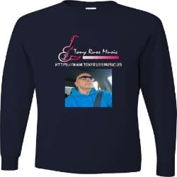 A long sleeve t-shirt with an image of a man with sunglasses.