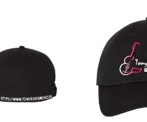 Two different hats side by side, one with a pink logo.